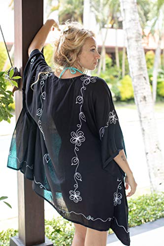 Womens Embroidered Poncho Cover-Up Black and White2