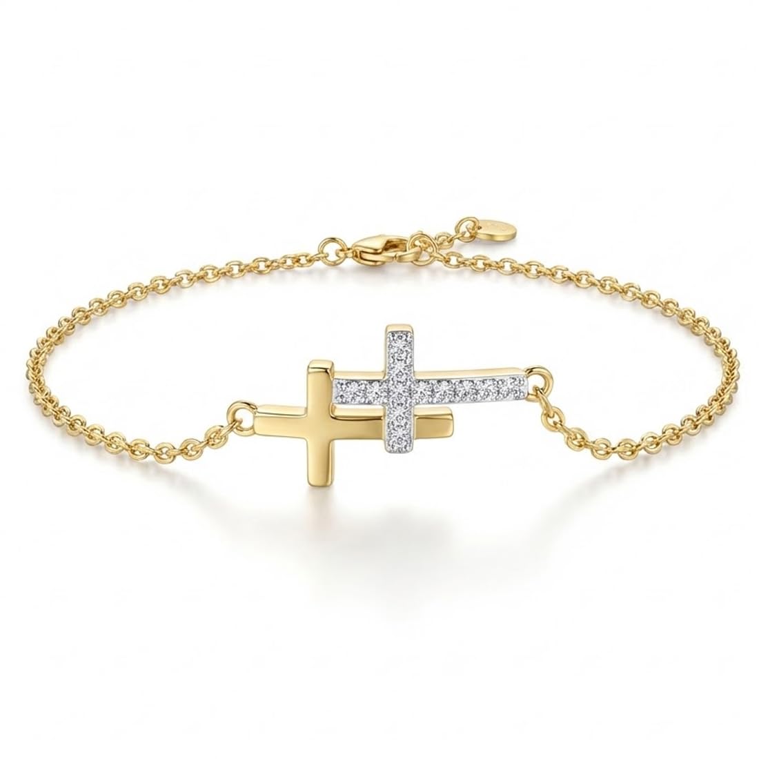 JIRVEX Brazalete Cruz Mujer Dorado Chapado en Oro Resistente al Agua Ajustable Pulsera Dorada con Doble Cruz para Mujeres y Chicas