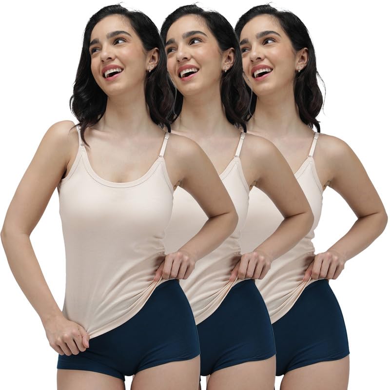 Image of Amul Comfy Cotton Adjustable Slips|Camisole|Pack of 3| Innerwear for Women(Assorted Colours May Vary)