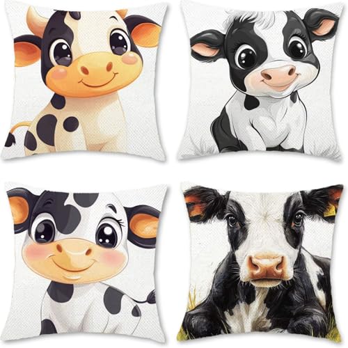 Cojines Para Exterior 80x80cm Juego de 4 Buey, Animal Cojines Decorativos Fundas Cojin Lavables Poliéster Lino Textil Cojin Exterior Impermeable, Para La Decoración Sofás Jardín Silla Dormitorio A-7