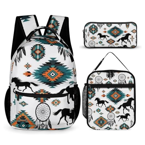 Backpack Book Bags with Lunch Box Storage Bag Backpack Set Daypack with Lunch Bag and Cosmetic Bags (Southwestern Aztec Horse (2)(002))