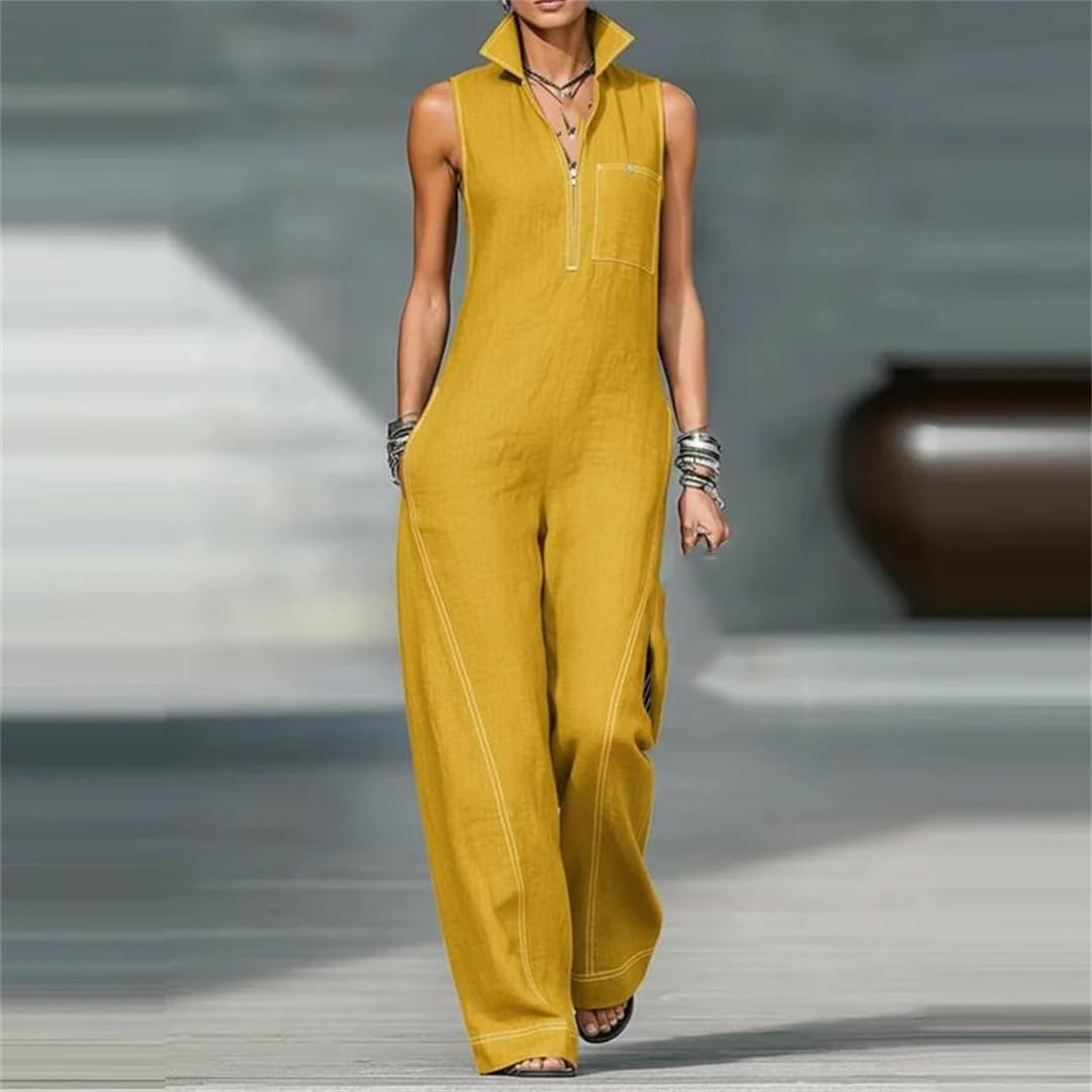 Yeuyyben Enterizo de algodón y lino para mujer, sin mangas, cuello alto, cremallera frontal, bolsillo, casual, ajuste holgado, elegante, para fiesta
