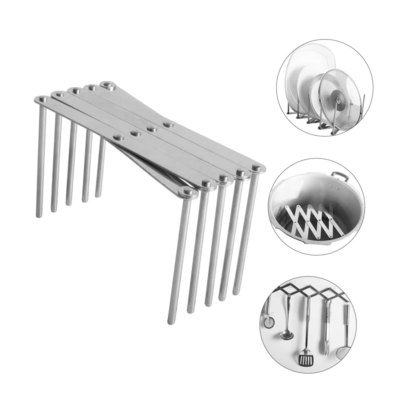 OFFSCH Pot Lid Organizer Rack Stainless Steel Storage Stand for Pots Pans and Dishes Space Saving Kitchen Countertop Multipurpose Design