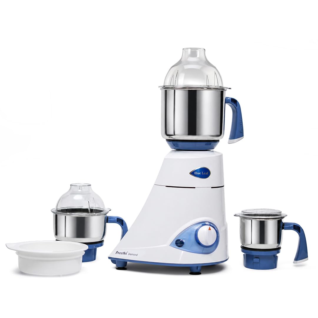 Preethi Blue Leaf Diamond MG-214 750 Watt Mixer Grinder with 3 Jars (Wet Grinding (1.5 litres) + Dry Grinding Jar (0.5 litre) + Chutney Jar (0.4 litre)Stainless steel), Blue/White