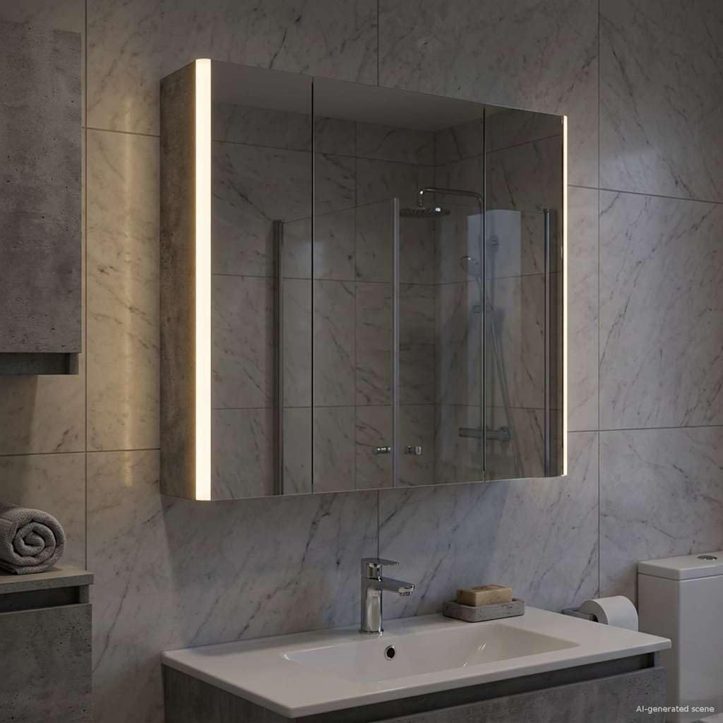 Szafka łazienkowa z lustrem betonowym, szara, z materiału drewnopochodnego, 63,5 x 15,5 x 60,5 cm, z oświetleniem LED, montaż na ścianie, schowek i regulowane półki do nowoczesnej łazienki