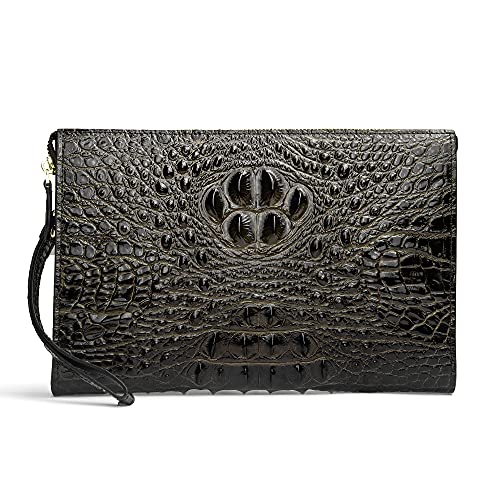 Men Clutch Bag Genuine Leather Purse Wristlet Handbag Envelope Bag Crocodile Embossed Personalized Zipper Wallets…