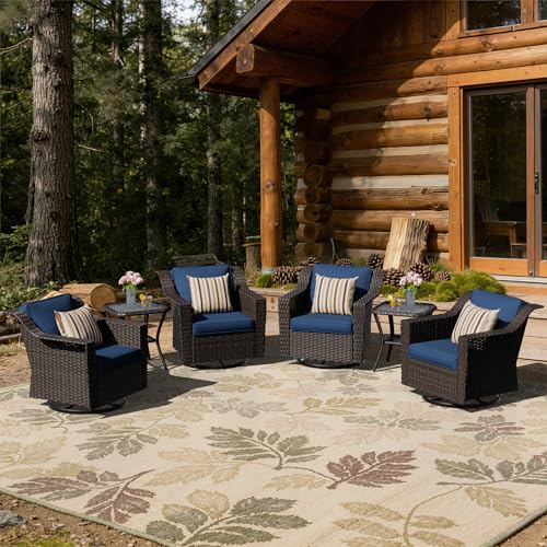 Image of 6 Piece Patio Furniture Set, Wicker Outdoor Conversation Set | Patio Chair Set with Olefin Removable Cushion, All-Weather Glider Swivel Chair Set with Deep Seat for Porch, Deck, Blue