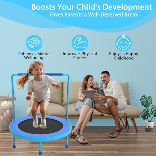 3FT Foldable Kids Trampoline, 36'' Indoor & Outdoor Mini Trampoline for Toddlers, Max Capacity 220 LBS, Adjustable Handlebar, Quiet & Safe Design