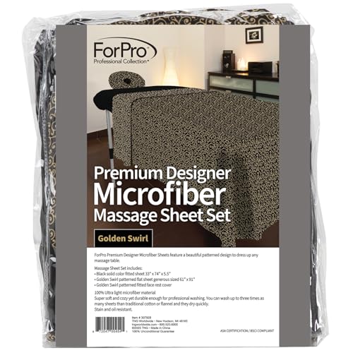 Image of ForPro Premium Designer Microfiber 3-Piece Massage Sheet Set, Golden Swirl with Black Fitted Sheet