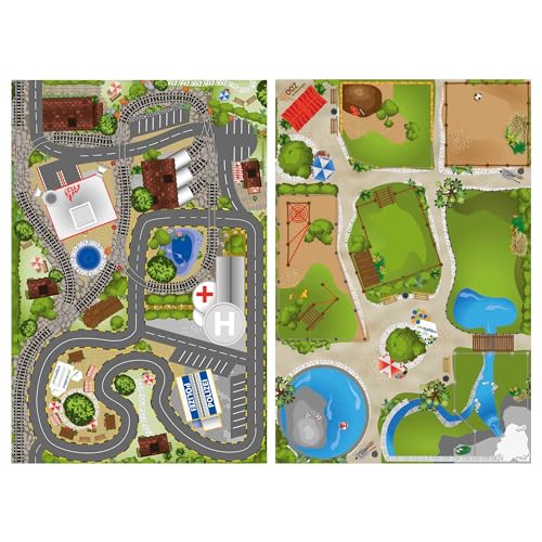 Vispronet Spielmatte 100x150 cm Stadt & Zoo, beidseitig Bedruckt, Vinylplane, 2 Motive, wasserfest,...