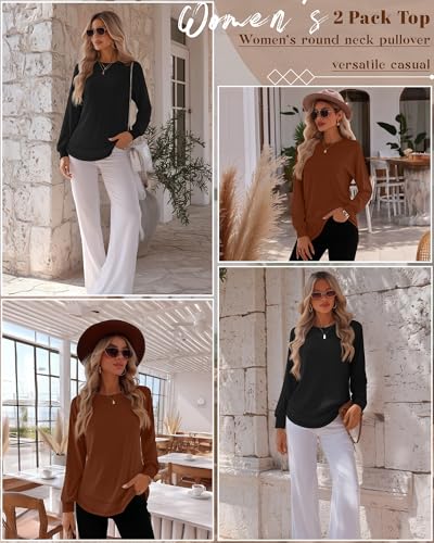 Riyiper 2 Pack Women's Crew Neck Sweatshirts, Cotton Long Sleeve Casual Shirts Loose Fit Tunic Tops Plain Basic Pullover Tees3
