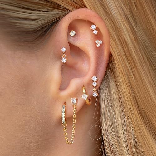 11/12 Pairs Hoop Earrings for Women 14k Gold Plated Small Huggie Hoop Earrings Pack Trendy CZ Cartilage Stud Earrings Set for Multiple Piercings2