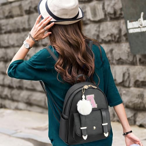 Image of Initial Cute Mini Backpack, Small Backpack Purse for Women Personalized Letter Style Small Leather Backpack Pompom Back Pack Shoulder Bag for Gifts, Travel - White (Letter M)