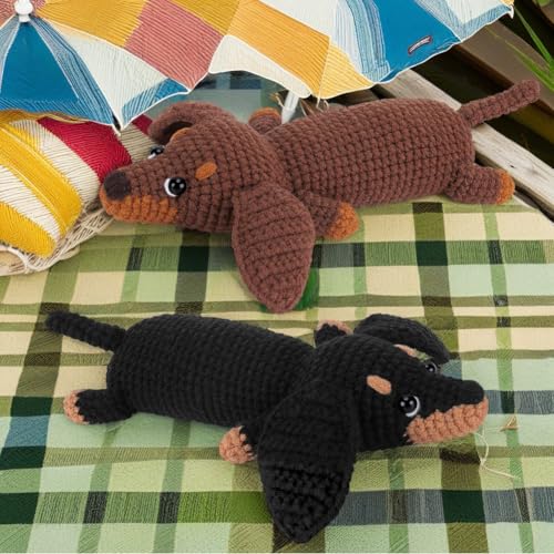 RANJIMA Häkelnadel-Set für Anfänger,Tiere Häckeln Stricken mit Anleitung,Komplettes Häkelset Dackel Hund,Starter Häkeln Tiere Set mit Häkelnadeln,Garn,Füllung,Kreativ Hunde Strickset für Geschenk