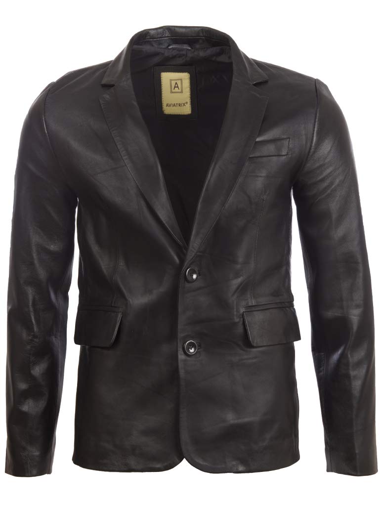 Aviatrix Men's Black Real Leather 2 Button Fitted Blazer Sports Jacket (Eaqq) 2XL