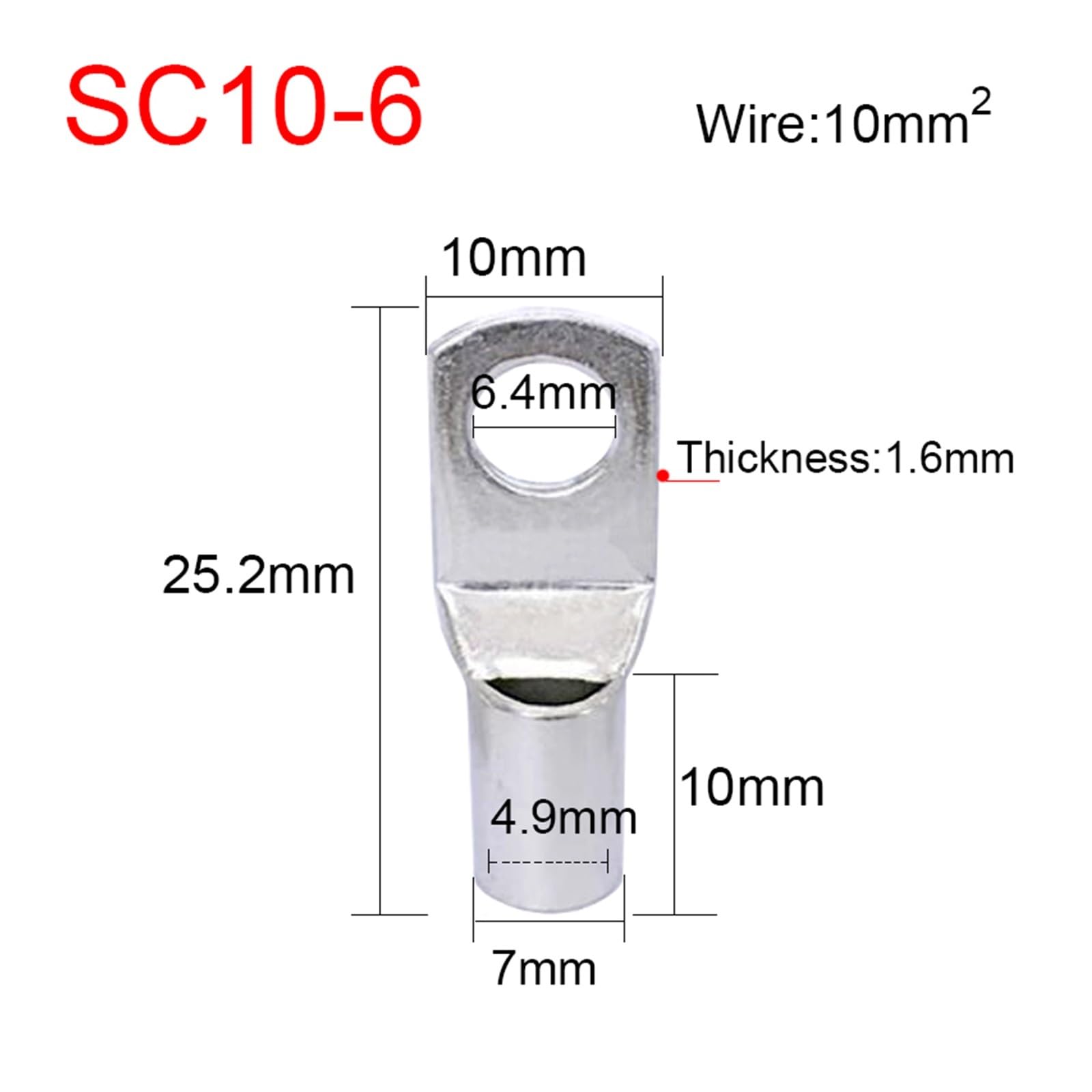 SC2.5/4/6/10/16/25/35/50/70/95-4/5/6/8/10/12/14/16 Kupfer-Schraubenloch-Verriegelungsstecker, Kabelschuh, Crimp-Anschluss(SC10-6 10pcs)
