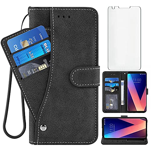Compatible with LG V35 ThinQ V30 Plus Wallet Case and Tempered Glass Screen Protector Flip Cover Credit Card Holder Cell Accessories Phone Cases for LGV30 LGV35 LG30 LG35 V 30 35 V30+ V30s H931 Black