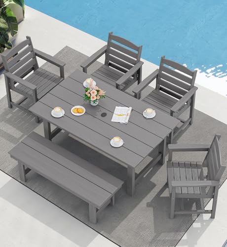 SERWALL Patio Dining Table and Bench Set for 6, Gray - Image 3