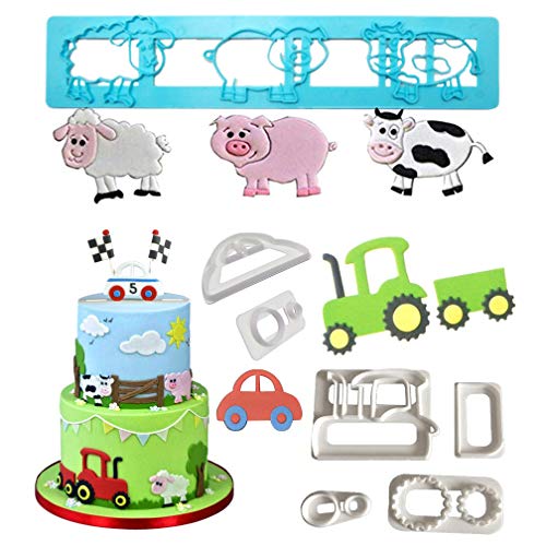 Farm Animals Cake Decorating Cutters - Cartoon TractorCar Cookie Cutter SetPig Sheep CowBiscuit Mold for DIY Baking Fondant Sugarcraft Pastry Cupcake Toppers