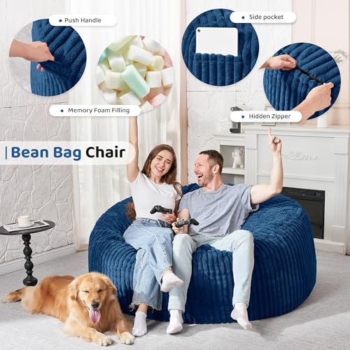 Image of HABUTWAY 5FT Bean Bag Chair, 5' Large Bean Bag Chairs for Adults with Removable Stripe Plush Cover, Memory Foam Beanbag Chair for Living Room Bedroom Dorm (Blue)