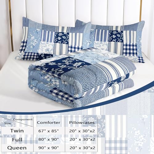 Image of AILONEN Blue Patchwork Comforter Set Queen Size, Plaid Floral Striped Bedding with 2 Pillowcases for Room,3Pcs