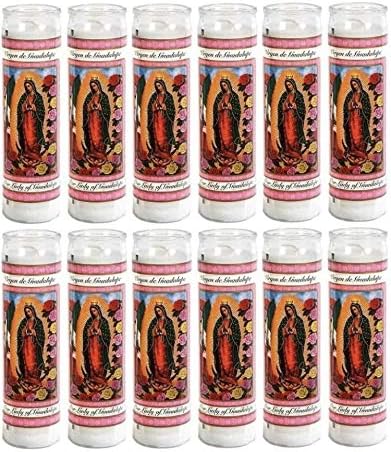 Vela religiosa Nuestra Señora de Guadalupe, devocional, vigilia, novena, oración, santos, velas, blanco, paquete de 12 (1 caja)