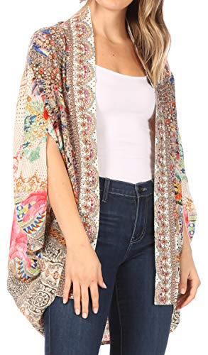 Sakkas Jenna Women's Casual Boho Sheer Kimono Loose Cardigan Cape Trendy Printed4