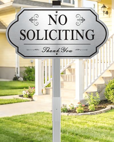 Image of Heavy Duty No Soliciting Sign for House - All Metal Construction No Soliciting Yard Sign - 14 inch x 7 inch - Aluminum - with 28 inch Long Stake