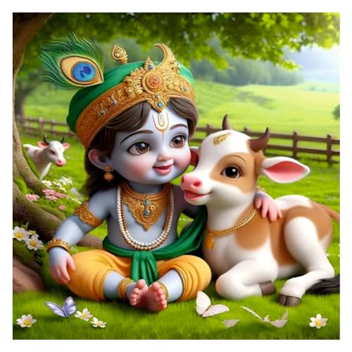 Image of Baby Krishna With Calf Wall Poster for Pooja Room, Office, Kids Room (Size- 46CM X 46CM)