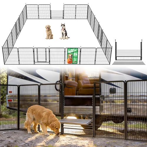 Image of FXW Instant Dog Playpen with RV Step Grid for RV Camping, 40 inch H, 24 Panels | Quick-Setup & Heavy-Duty Play Yard, Helps Close Stair Gaps, Fits 30 inch RV Step Opening, For Medium & Large Dogs, Patented