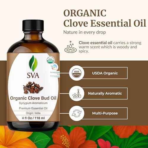 Image of SVA Clove Essential Oil Organic - 4 Fl Oz - 100% Natural Organic Clove Oil - for Diffuser, Hair Care, Face, Skin Care, Aromatherapy, Scalp and Body Massage, Soap and Candle Making - with Dropper