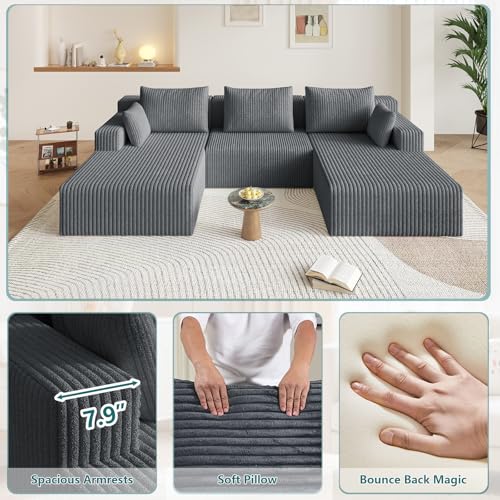Image of 107 inch U-Shape Cloud Couch, Modern Modular Sectional U-Shape Sofa, Corduroy Boneless Couch Upholstered Couches Deep Seat Sleeper Chaise Longue for Living Room, No Assembly Required,Dark Gray