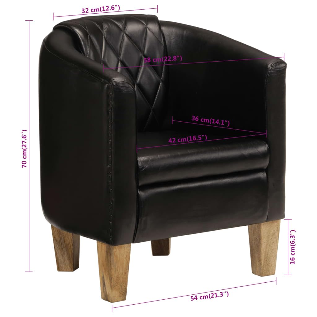 vidaXL Fauteuil Cabriolet, Chaise de Relaxation, Siège avec Accoudoirs Rembourrés, Canapé de Salon Salle de Séjour, Noir Cuir Véritable