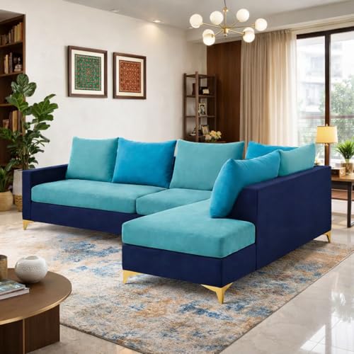 Image of FURNY Gloriss 6 Seater Fabric RHS L Shape Sofa Set with Multi-Color Aqua Blue Cushions (Sky Blue-Dark Blue) Premium Velvet Finish with Golden Legs | Ideal for Living Room, Offices