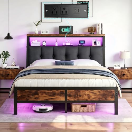 Image of Homkdom Full Bed Frame,Upholstered Storage Headboard,Charging Station,Brown | LED Linghts, 12 inch Under-Bed Storage,2AC Outlets&1USB-C&1USB-A,Noise-Free,Quick Assembly,Supports up to 900 lbs