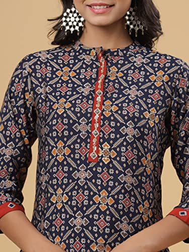 Image of Juniper Women's Navy Printed Straight Knee Length Kurta
