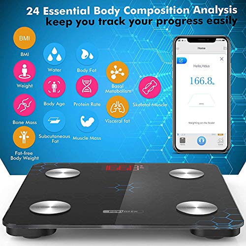 Powlaken Body Fat Scale Smart BMI Scale Digital Bathroom Wireless Weight Scale, Body Composition Analyzer with Smartphone App sync with Bluetooth App for Water, Muscle Mass (400 lbs)