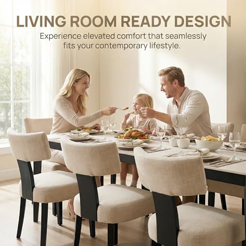 Image of HNY Mid Century Modern Farmhouse Dining Chairs Set of 4, Linen Upholstered Accent Chair Curved Backrest Kitchen Chairs, with Black Hardwood Frame, Beige