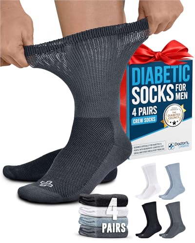 Doctor's Select Diabetic Socks for Men - 4 Pairs Crew Neuropathy Socks for Men | Black, White, Light...
