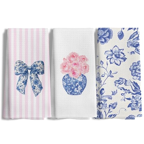 LUKIPOM Chinoiserie Decor - Toallas de cocina con moño chinoiserie azul y blanco, toallas de mano florales azules vintage para baño, decoración del hogar Grandmillennial, 16 x 24 pulgadas, juego de 3
