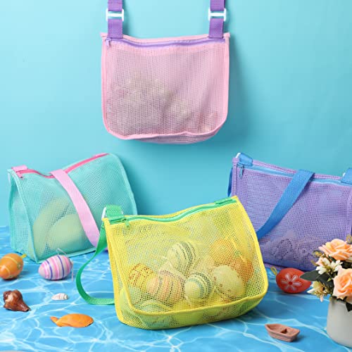 Image of 12 Pack Beach Toy Mesh Beach Bag Shell Collecting Bag Mesh Beach Tote Mesh Beach Toy Bag Sand Toy Bags with Zipper for Holding Shells Beach Sand Toys Swimming Accessories for Boys and Girls, 6 Colors