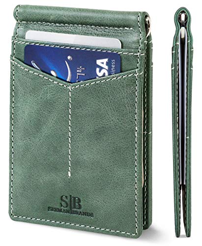 SERMAN BRANDS RFID Blocking Wallet Slim Bifold - Genuine Leather Minimalist Front Pocket Wallets for Men with Money Clip (Alpine Green Rogue)