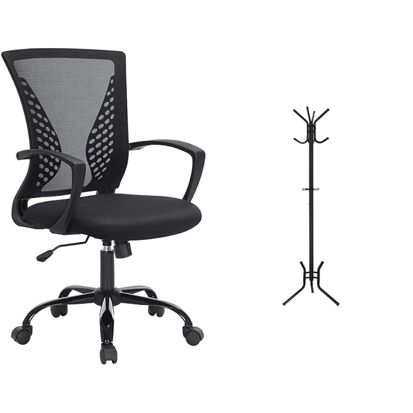 Immagine del prodotto SONGMICS OBN22BK - Sedia da Ufficio, in Rete, Girevole, Regolabile in Altezza & RCR17B - Attaccapanni Appendiabiti Appendino Da Terra, Nero, 49 x 176 cm