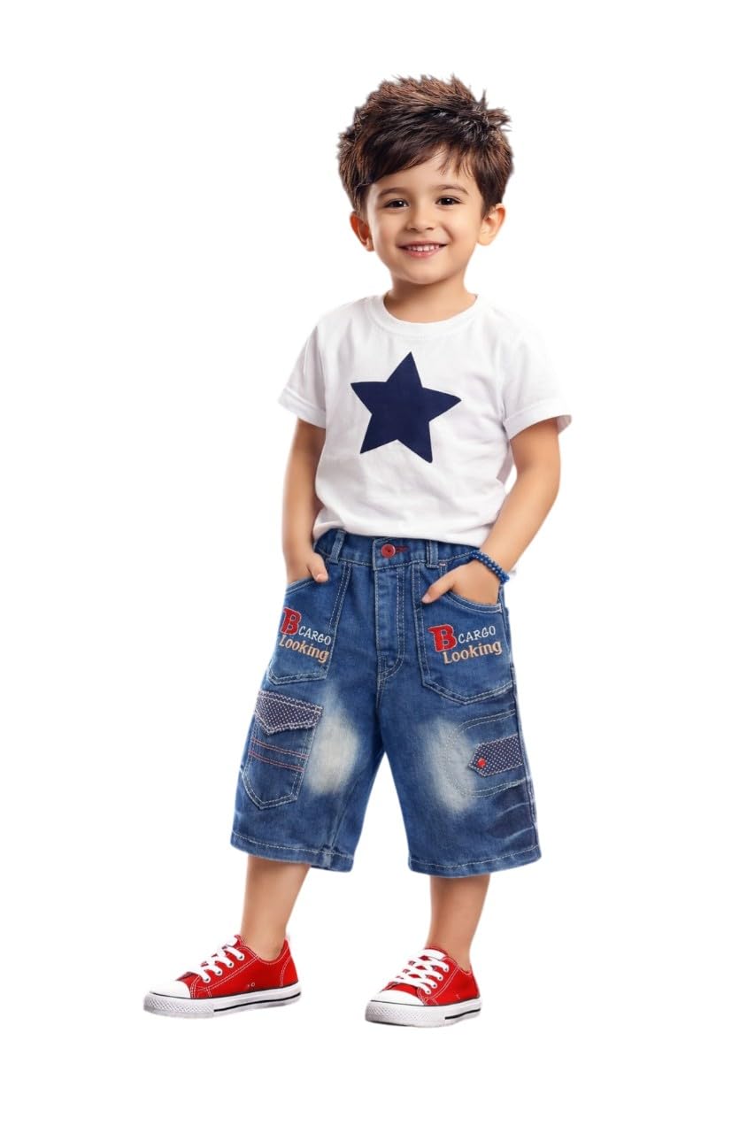 Boys Denim Capri, Blue, Summer Casual Wear with Dolphin Embroidery-image-20