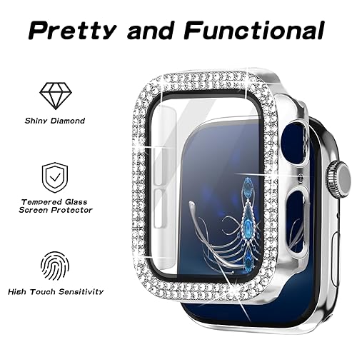 Magnetic Band Compatible with Apple Watch 38mm 40mm 41mm 42mm 44mm 45mm 46mm Stainless Steel Metal Strap with Bling Case and Built-in Screen Protector, Dressy Milanese Loop iWatch Bands for Women