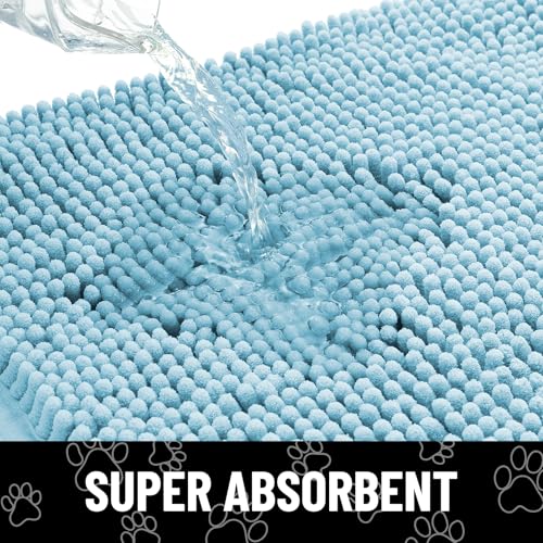 Image of Smiry Dog Door Mat for Muddy Paws, Absorbent Dirt Trapper Non Slip Quick Dry Washable Chenille Mat for Mud Dogs, Entry Rug for Indoor and Outdoor (48x30 Inches, Sky Blue and White)