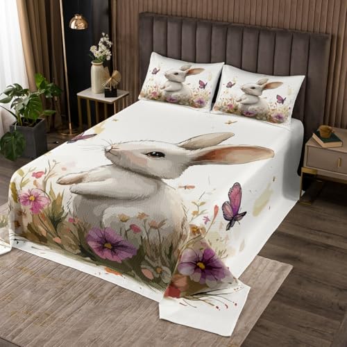 Easter Bunny Quilt Set Easter Floral Rabbit Bedspread Set Twin for Kids Boys Girls Teens Bedroom Decor,Rustic Farmhouse Butterfly Flowers Quilted Coverlet Cute Bunnies Animal Bed Cover