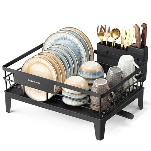SONGMICS Abtropfgestell Geschirr, Geschirr-Abtropfständer, 360° drehbarer und ausziehbarer Ablauf, Abtropfschale, Besteckhalter, Küche, 31 x 42 x 18,5 cm, tintenschwarz KCS550B01