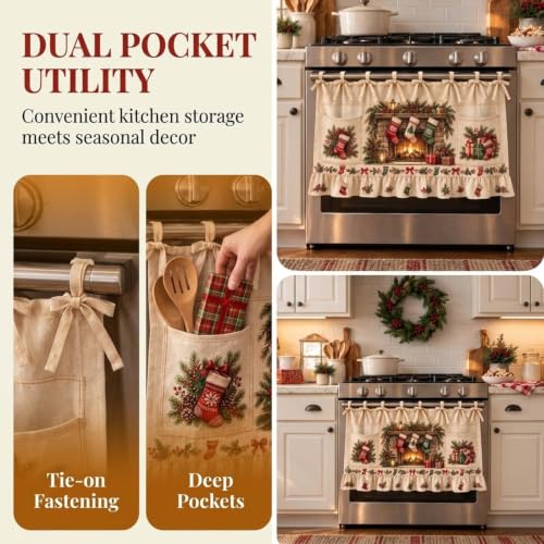 Aufmer Vintage Fireplace Print Christmas Oven Skirt Curtains W/ 2 Pockets - image 5