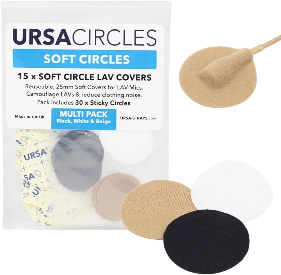 URSA Soft Circles - 15 Pack (Black) | Reusable Soft Lav Mic Covers with 30 Stickies | Mini Windshield, Clothing Rustle Reduction & Camouflage for Lavalier Microphones | Low-Profile, Skin-Safe, Durable